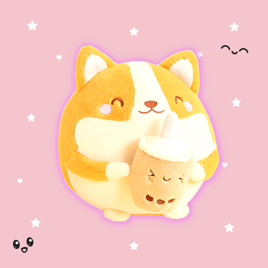 BuyBoba drinking Corgi Plushie - Goodlifebean Plushies | Stuffed Animals