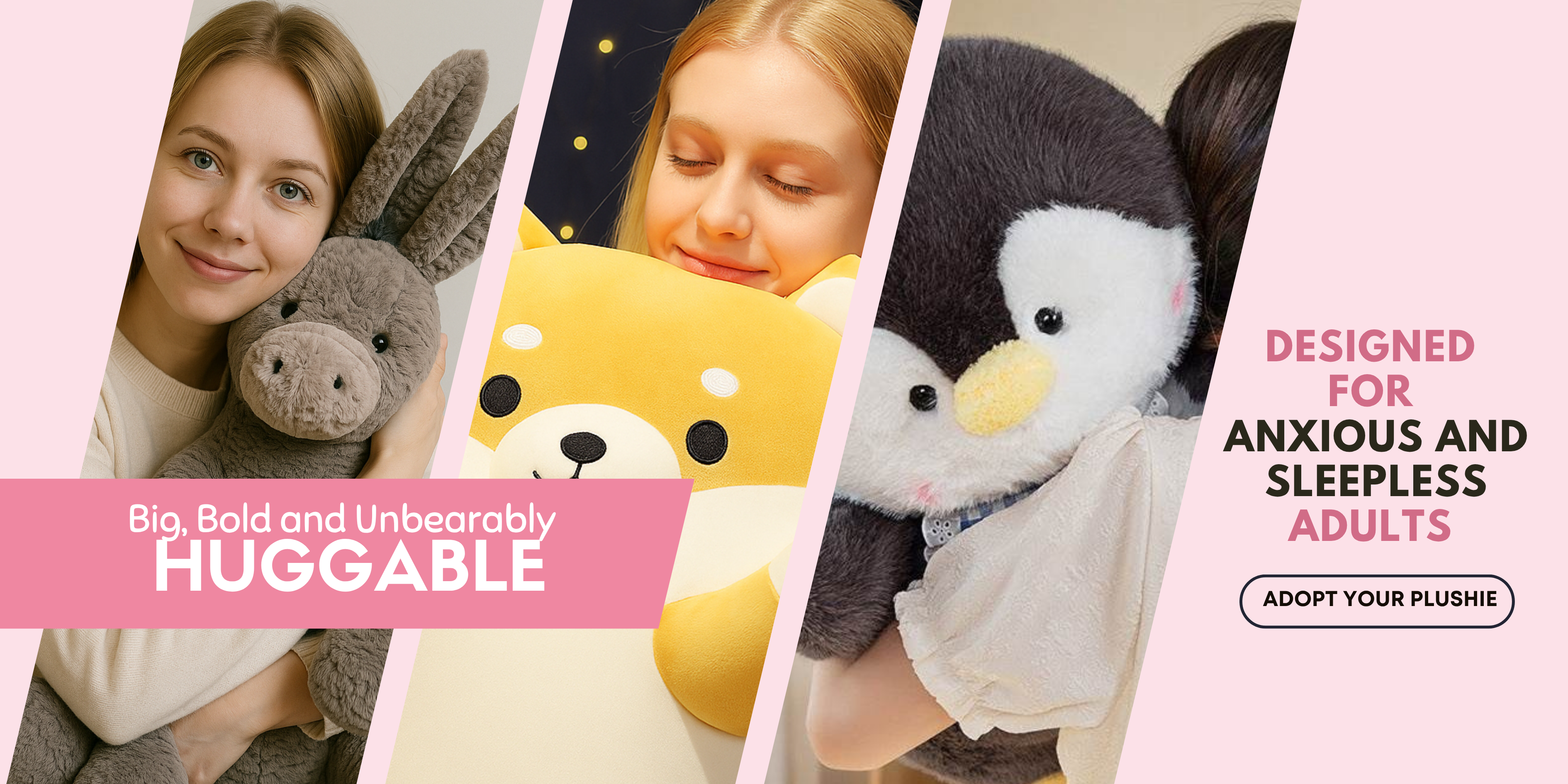 Three people holding plush toys with giant plushies for adults on a pink background