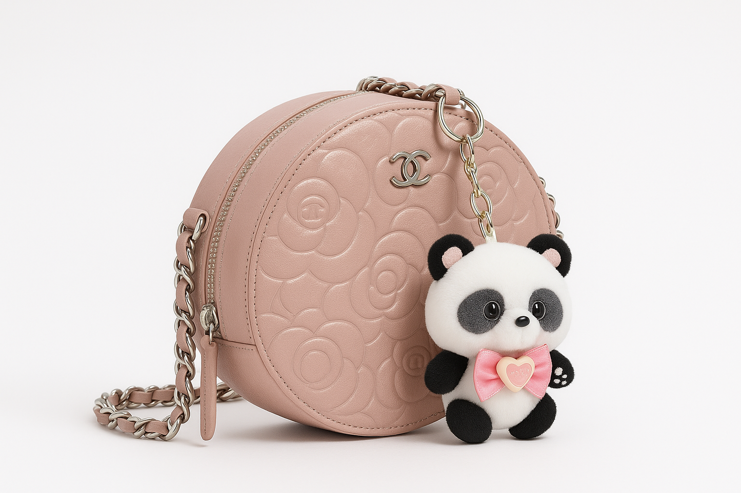 Pink Chanel bag with a panda charm on a white background