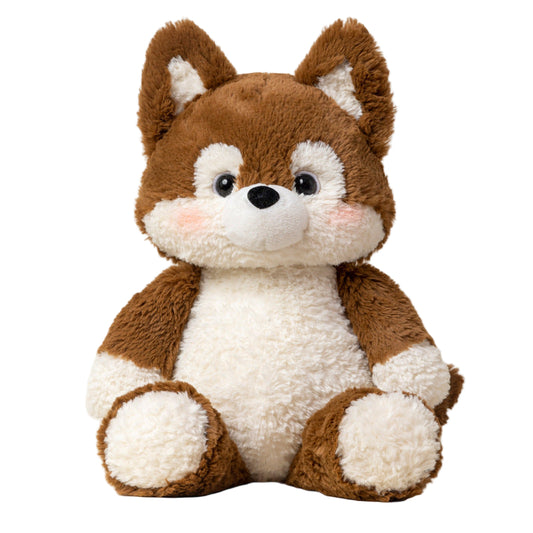 Plush toy fox with brown and white fur on a beige background