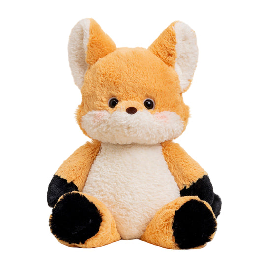 Plush toy fox with orange fur, white chest, and black paws on a beige background