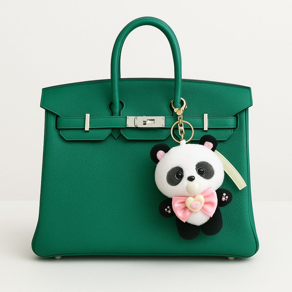 Green handbag with a panda keychain on a white background
