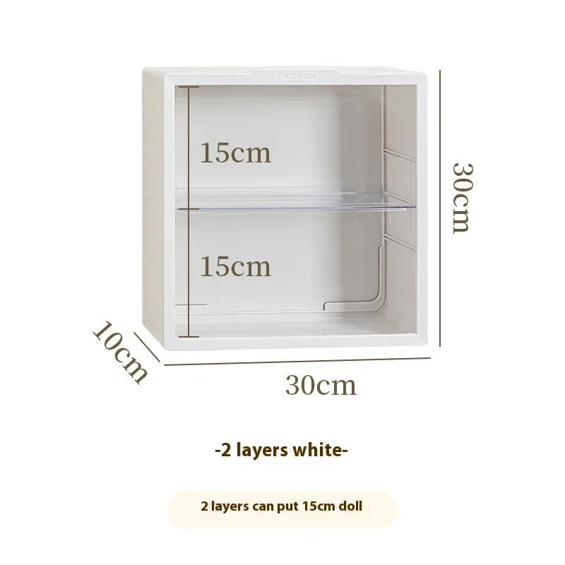 White display case with dimensions labeled on a white background