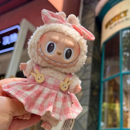 Handmade  Labubu Pink and Green Plaid Dress with Bow