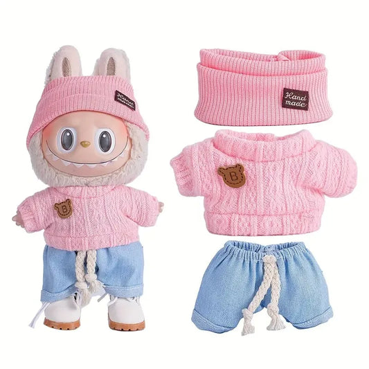 Handmade Cozy Labubu Pink Knit Sweater with Shorts Outfit