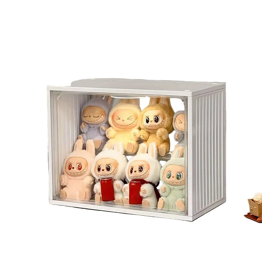 Collection of cartoon-themed figurines in a clear display case on a shelf.