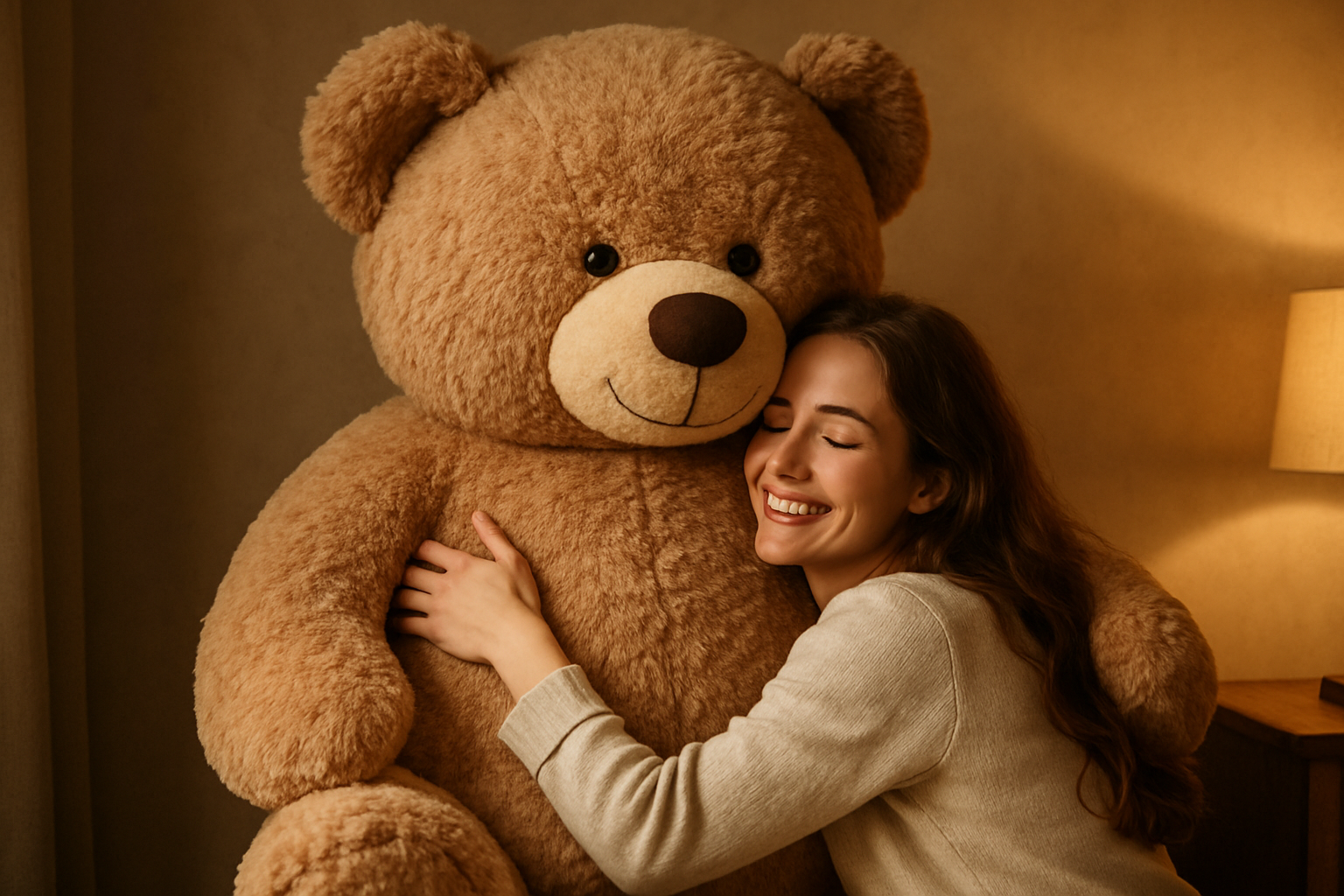 Generate an image of giant teddy bear hugging a woman