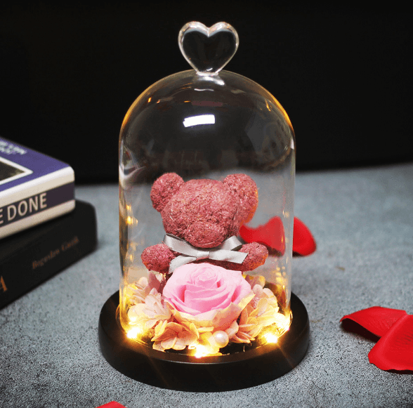 Forever Rose Teddy Bear With Glass Gift Box - Goodlifebean