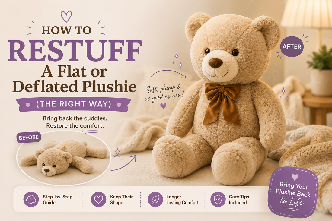 Before and after of a flat stuffed animal restuffed back to its full shape