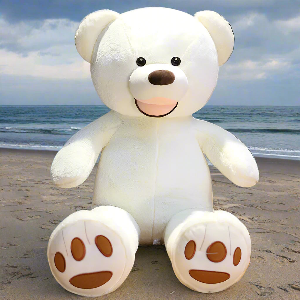White teddy bear with brown paws on a wooden floor in front of a bookshelf.