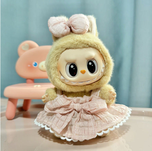 Handmade Labubu Plaid Pink Dress Outfit with Accessory