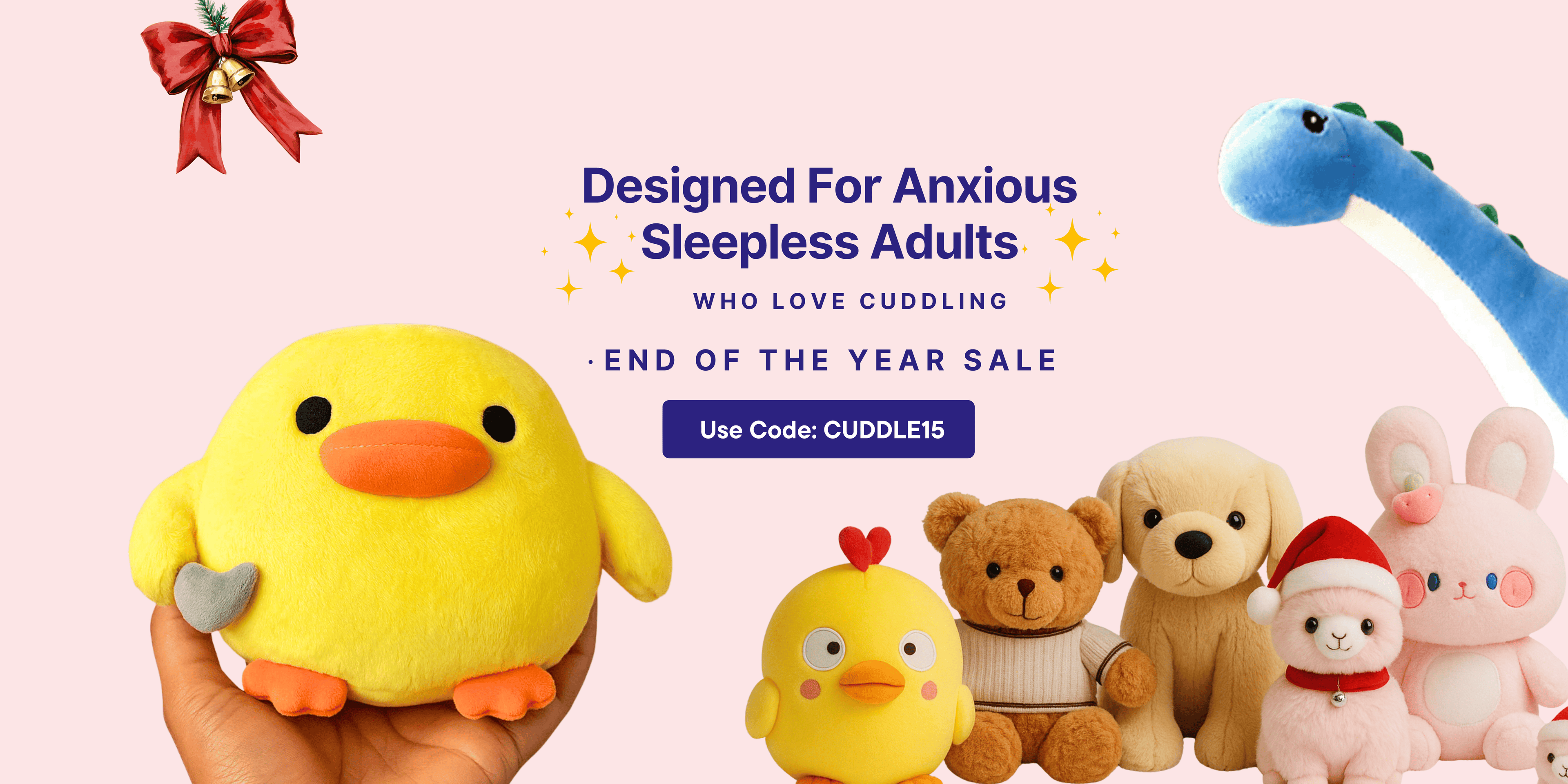 Plush toys including a yellow duck, teddy bear, and others on a pink background with promotional text.
