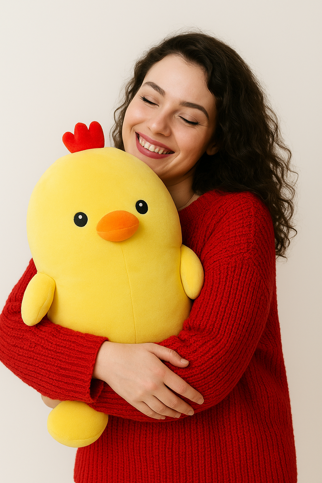 Woman holding a large plush yellow chick toy against a plain background
