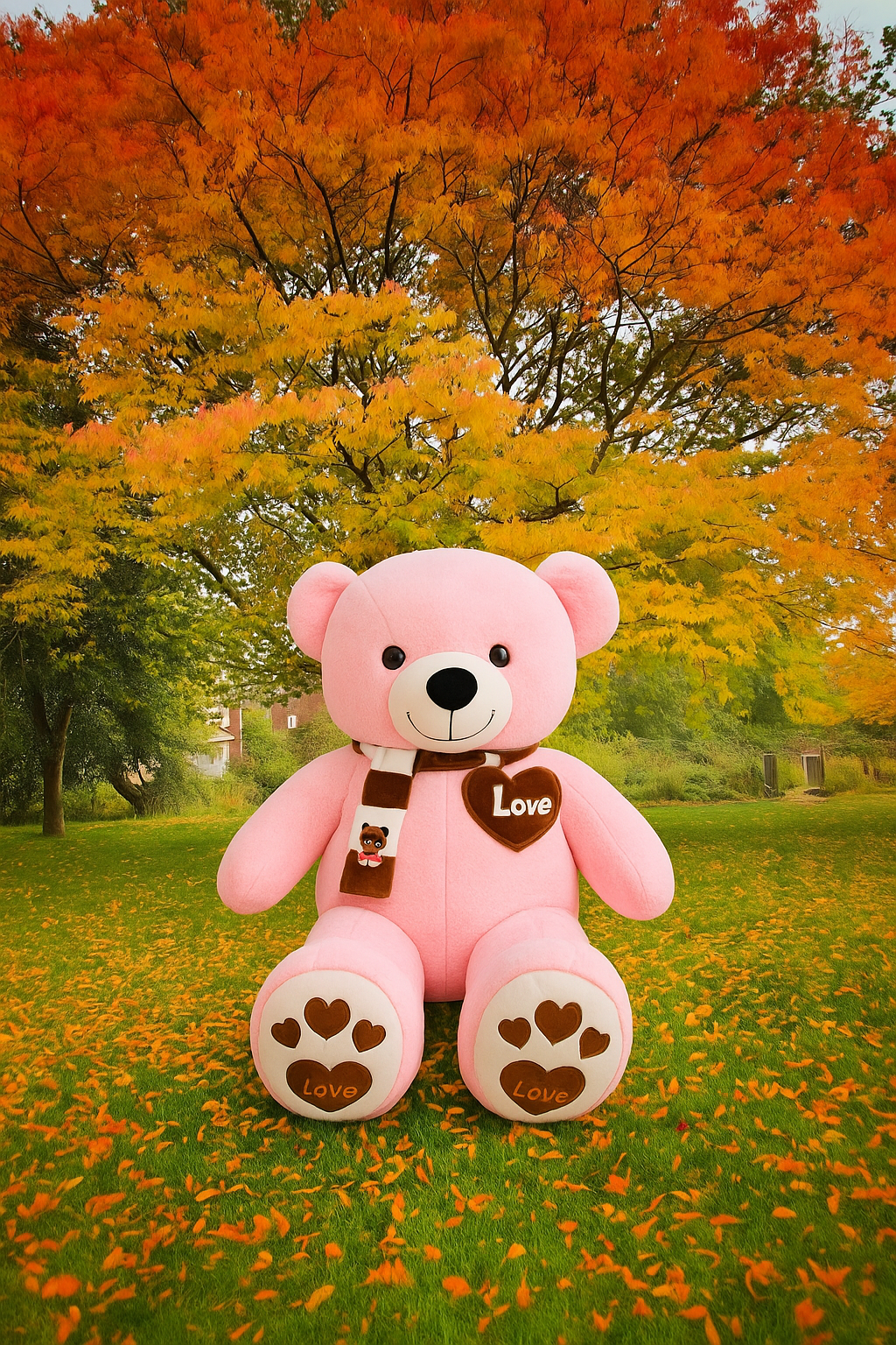 Pink teddy bear with 'Love' heart and paw prints in an autumn park