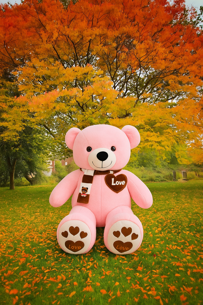 Pink teddy bear with 'Love' heart and paw prints in an autumn park