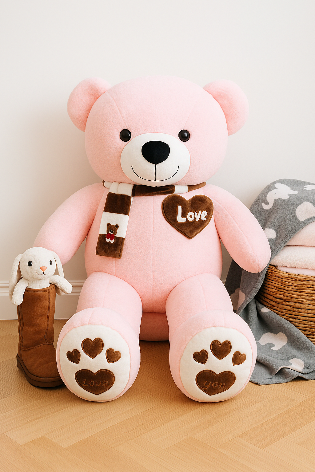Big Pink Teddy bear | Life-size soft teddy bear with scarf

