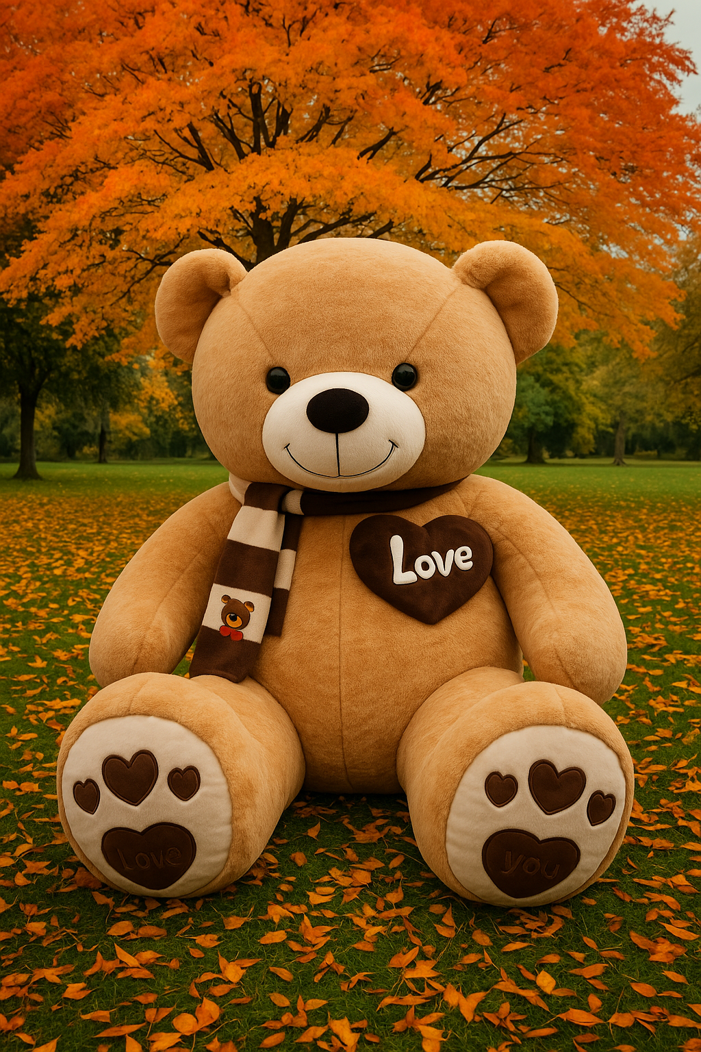 Large teddy bear with a 'Love' heart and paw prints in an autumn setting