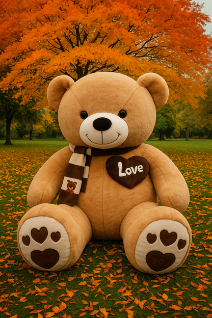 Large teddy bear with a 'Love' heart and paw prints in an autumn setting