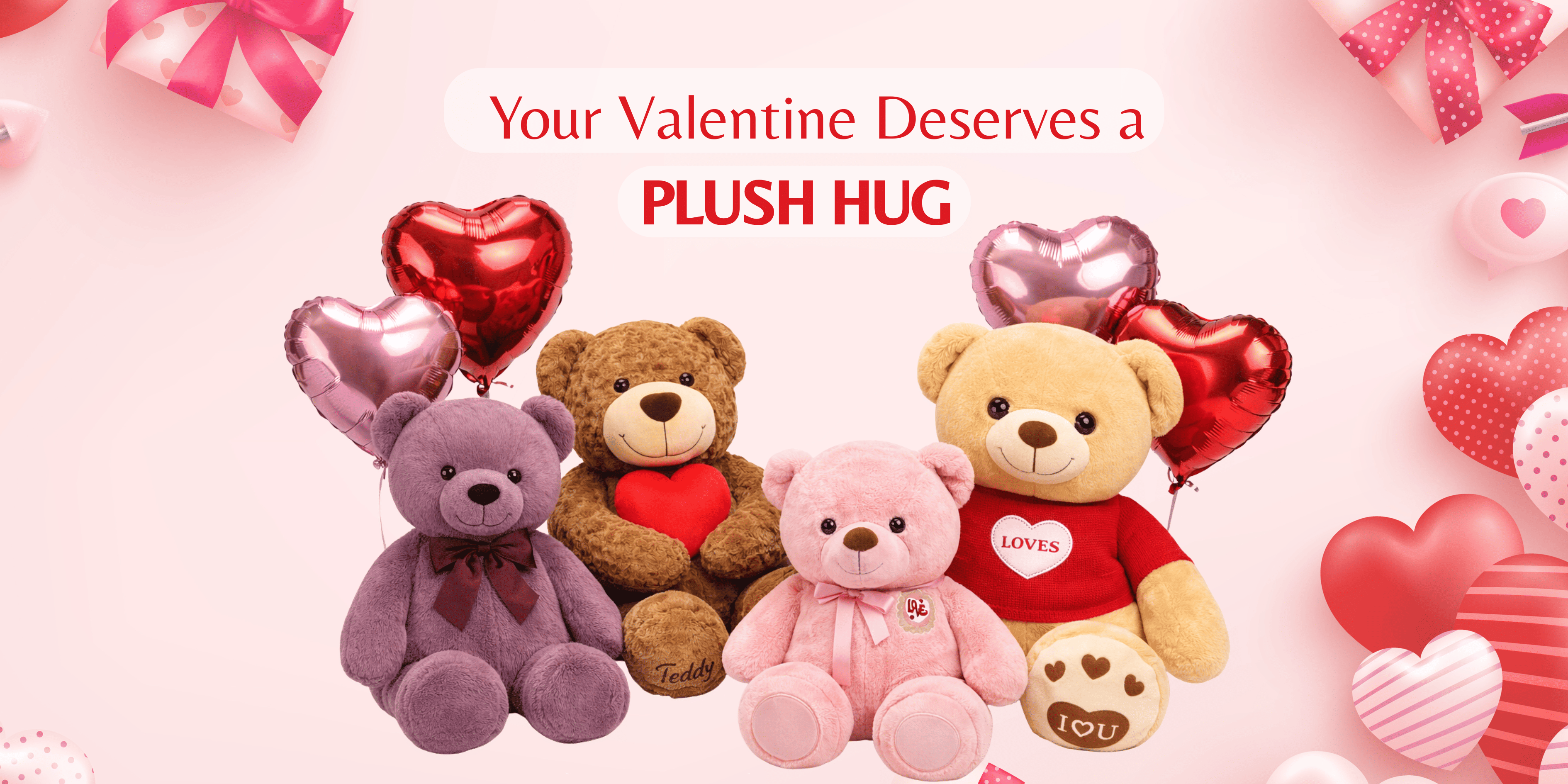 Four teddy bears with hearts and balloons on a pink background with text about Valentine's Day.