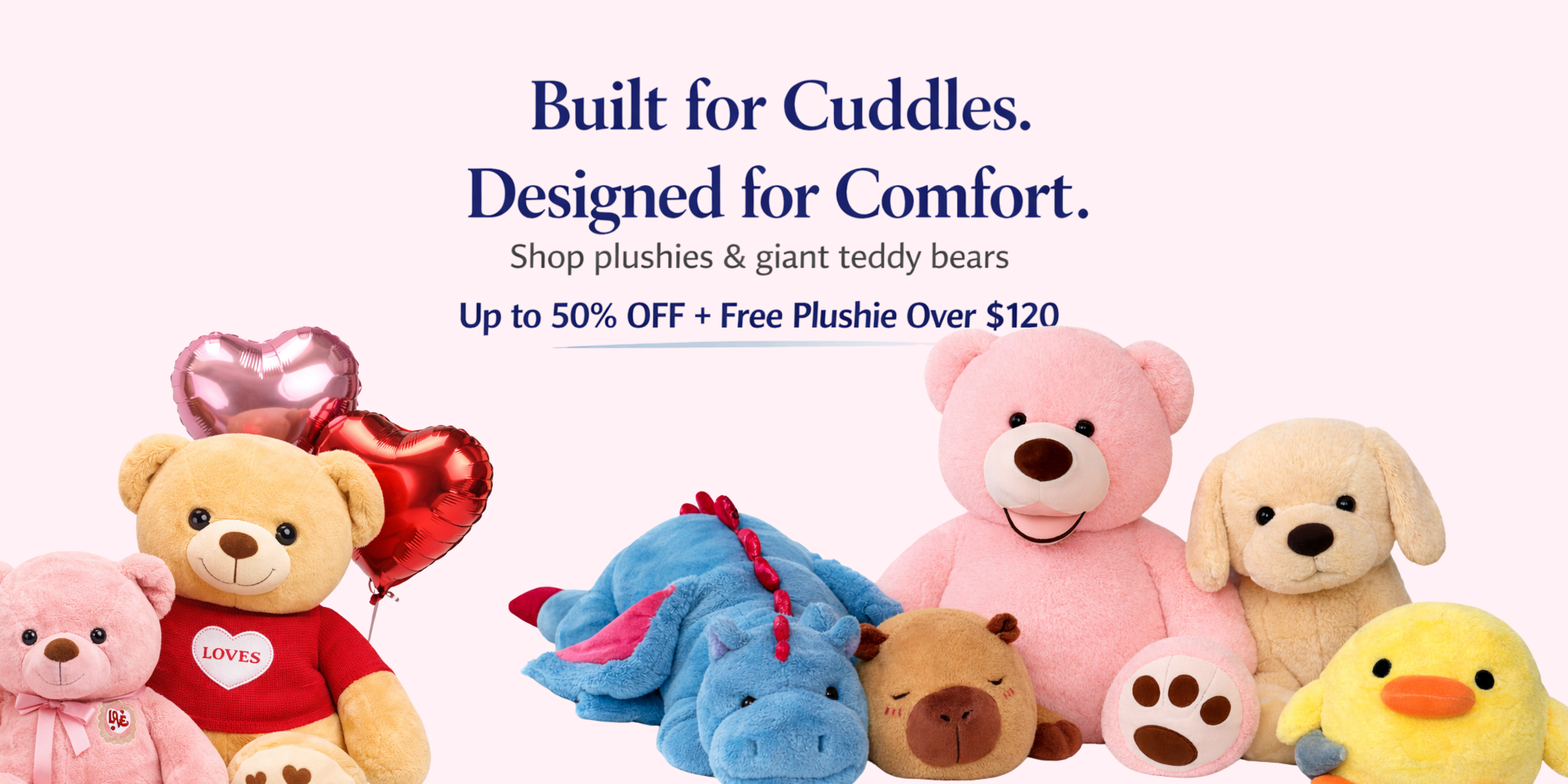 Collection of plush toys including teddy bears and a dog, with promotional text on a white background.