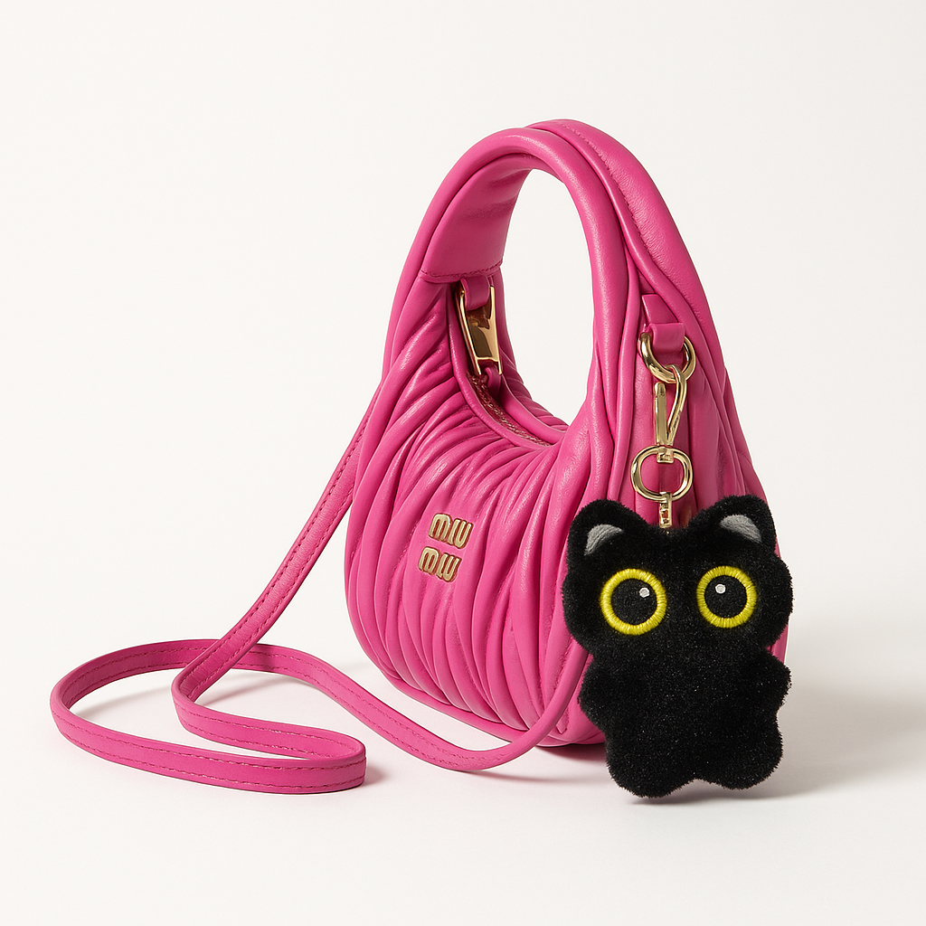 Pink handbag with a black cat-shaped keychain on a white background