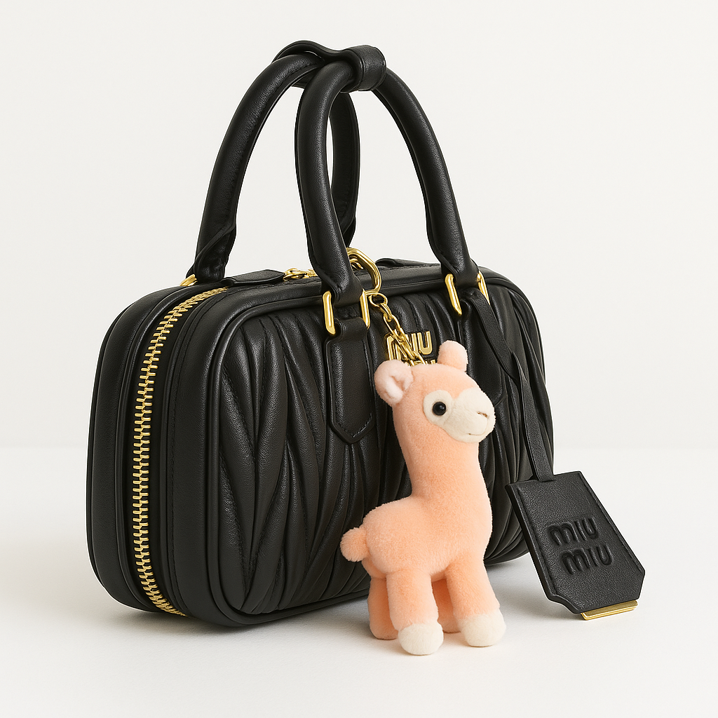 Black handbag with gold accents and a plush llama toy attached, on a light gray background.