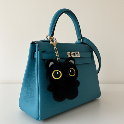 Blue handbag with a black cat-shaped keychain on a light background