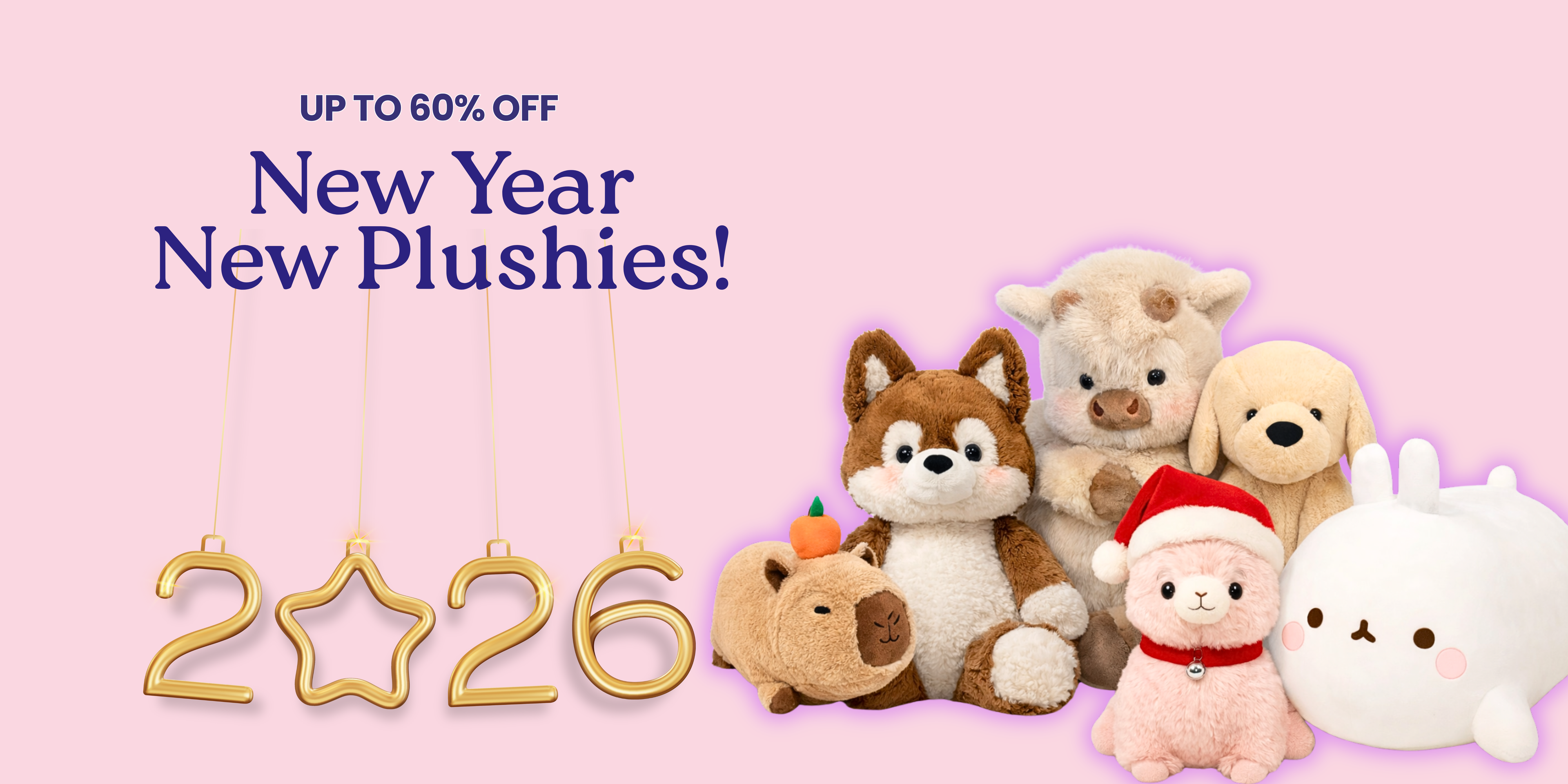 Promotional banner for plush toys with 'New Year New Plushies!' text and '2026' on a pink background.