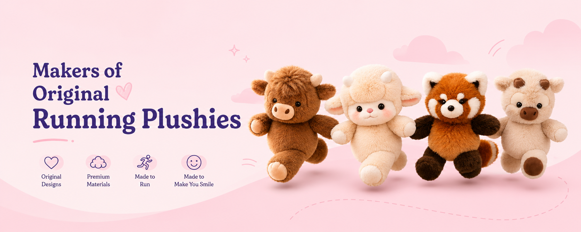 Four running plush toys in a row on a pink background with text about "Makers of original running plushies."
