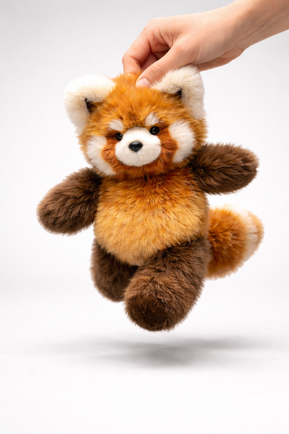 Red Panda Plush toy red panda on a light gray background.Plush toy red panda held by a hand on a white background