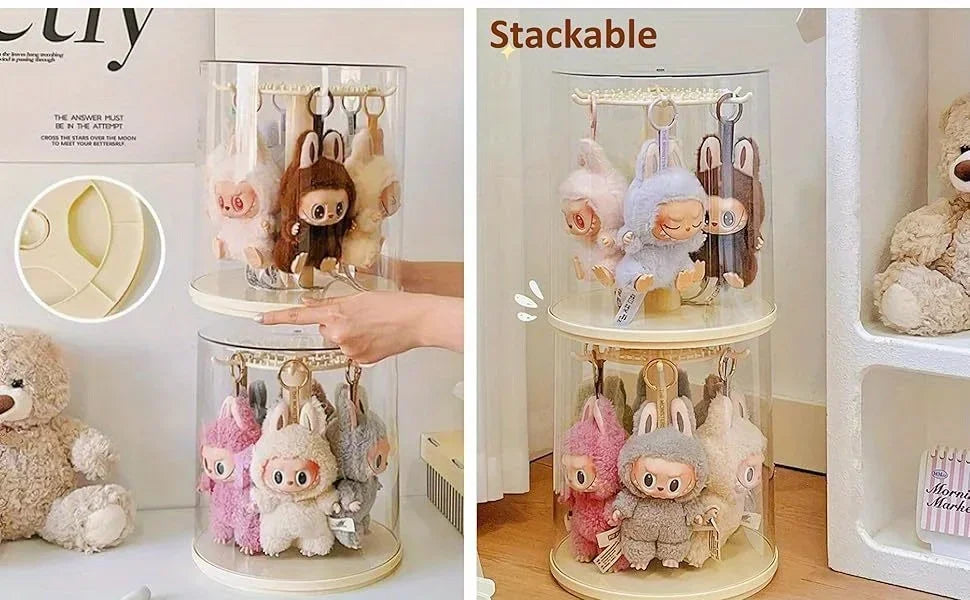 Labubu Stackable display case with plush toys and keychains, showing 'Stackable' text.