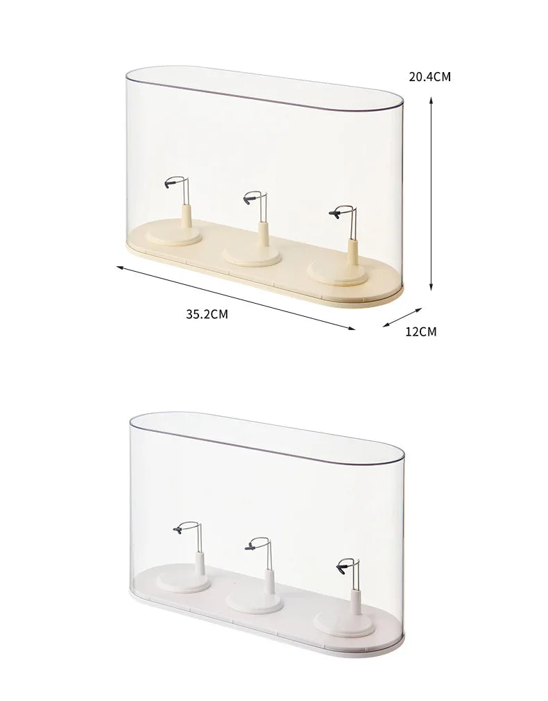 Clear display case with dimensions on a white background