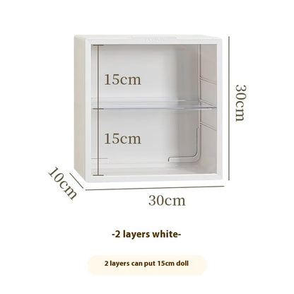 White display case with dimensions labeled on a white background