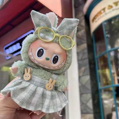 Handmade  Labubu Pink and Green Plaid Dress with Bow