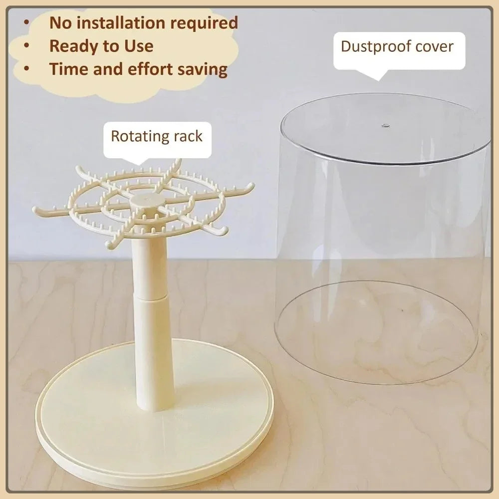 Rotating rack with dustproof cover on a wooden surface