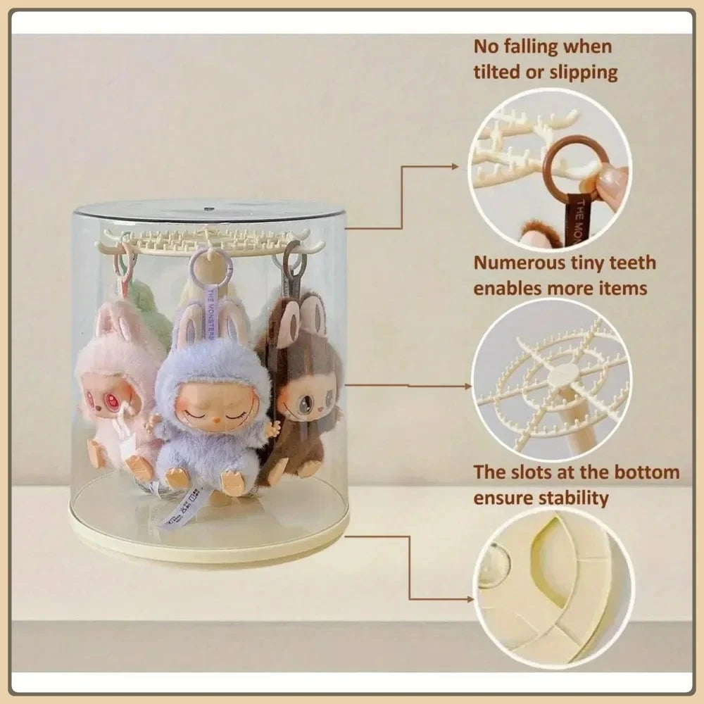 Plush toys in a clear cylindrical holder with features highlighted on a beige background