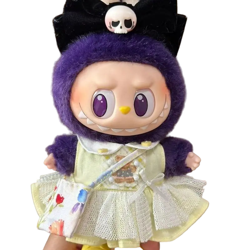 Toy figure with purple hair and skull hat on a wooden surface