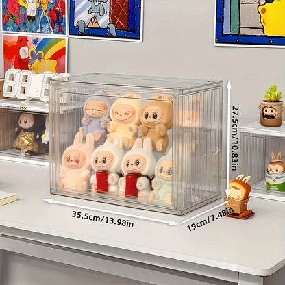 Clear display case with cartoon figurines on a shelf, showing measurements.