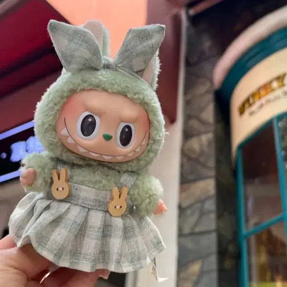 Handmade  Labubu Pink and Green Plaid Dress with Bow