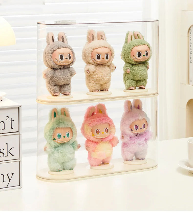 Doll storage box with cute animal-themed dolls on a white background