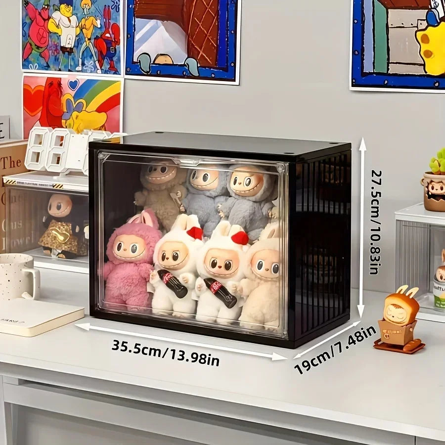 Display case with cartoon character figurines on a shelf with measurements shown