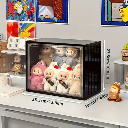 Display case with cartoon character figurines on a shelf with measurements shown