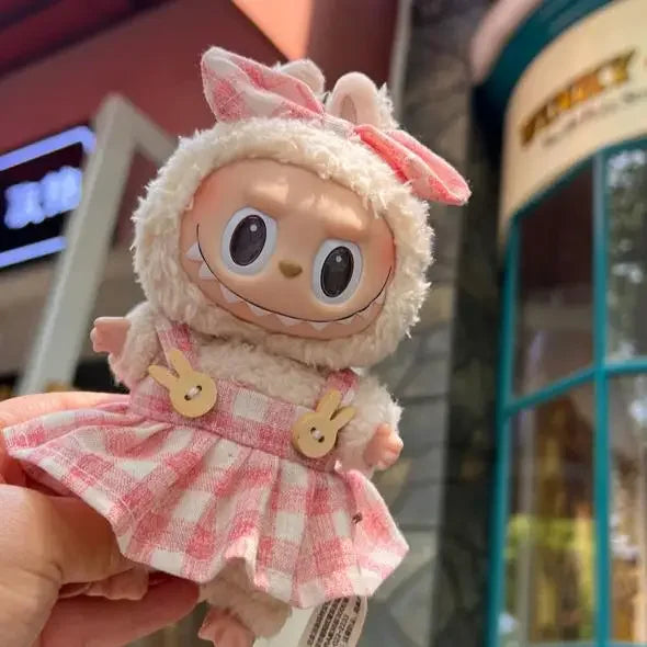 Handmade  Labubu Pink and Green Plaid Dress with Bow