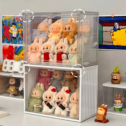 Stack of clear toy display cases with various small figurines on a shelf.