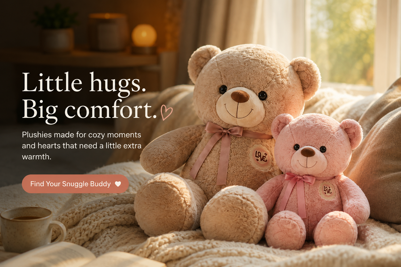 Two giant teddy bears, one larger tan teddy bear and one smaller pink teddy bear, sitting together on a cozy knitted blanket in a warm bedroom setting. Text on the left reads, 'Little hugs.