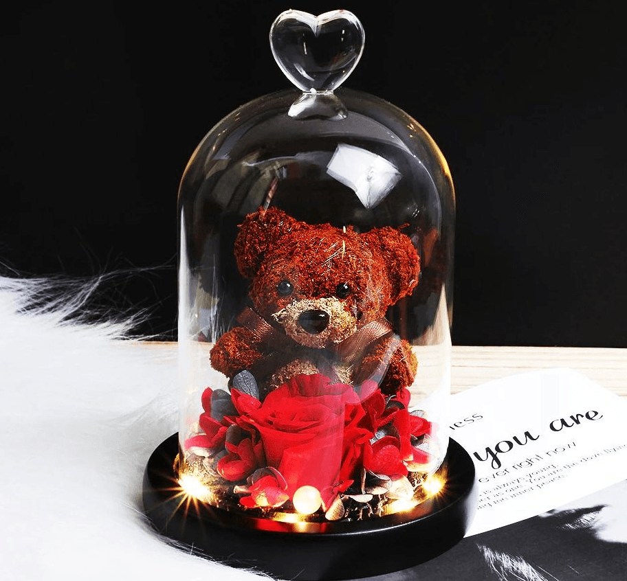 Forever Rose Teddy Bear With Glass Gift Box Red brown Forever Rose Teddy Bear With Glass Gift Box Red brown