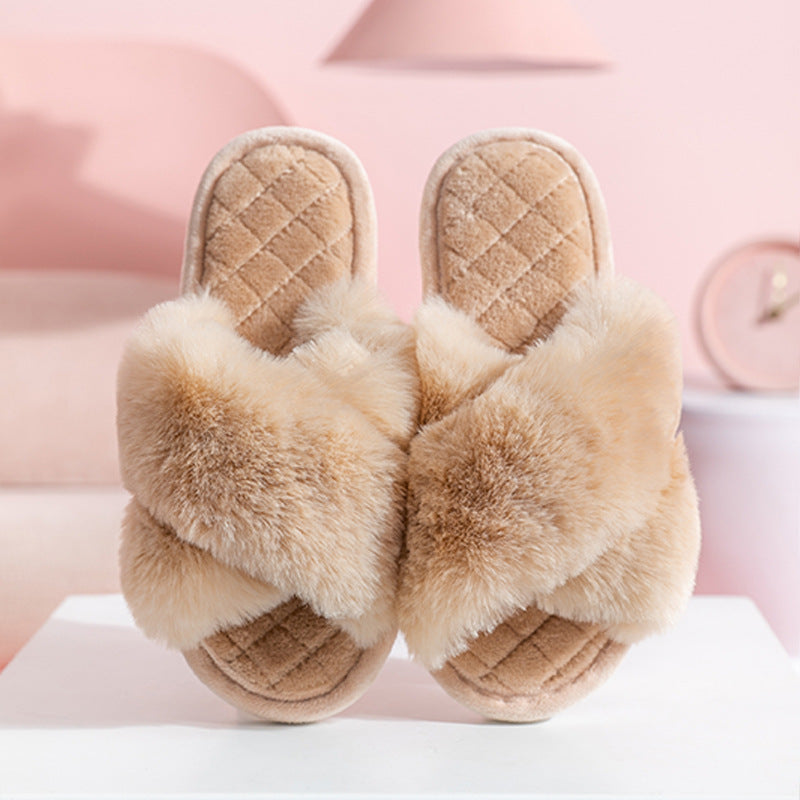 Comfy Cross-Strap Plush Indoor Slippers - Shoes Goodlifebean